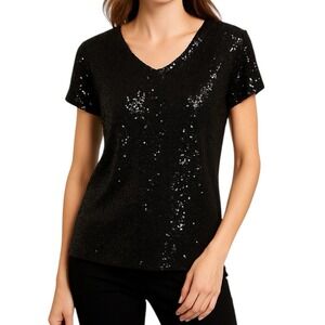 NT by AMATI Black Sequin Top sz 12 V-Neck Short Sleeve Business Casual Italy